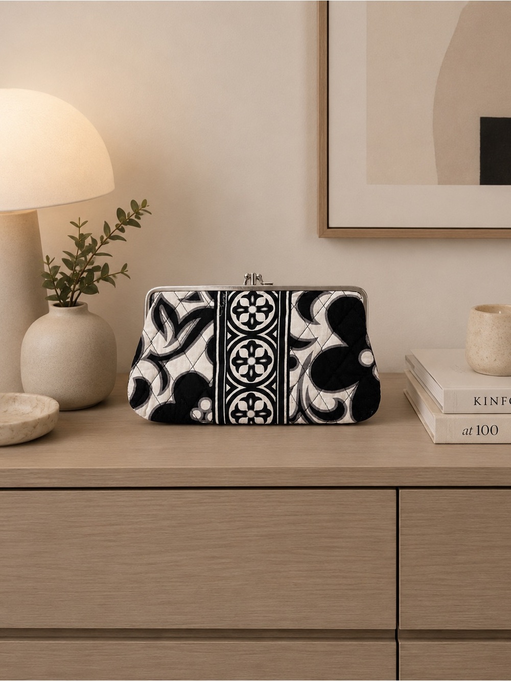 Retired Vera Bradley Night & Day Black White Floral Kiss Lock Clutch
